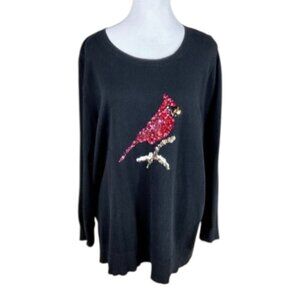 Holiday Sweater Red Cardinal Sequins on Black Westport (3X)
